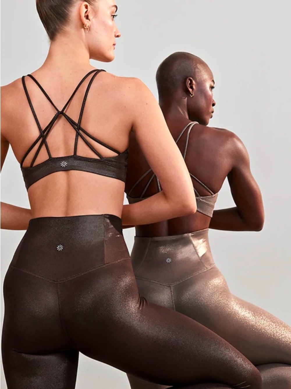Athleta Solace Bra Shimmery Strappy Sports Bra and High Toasted Brown